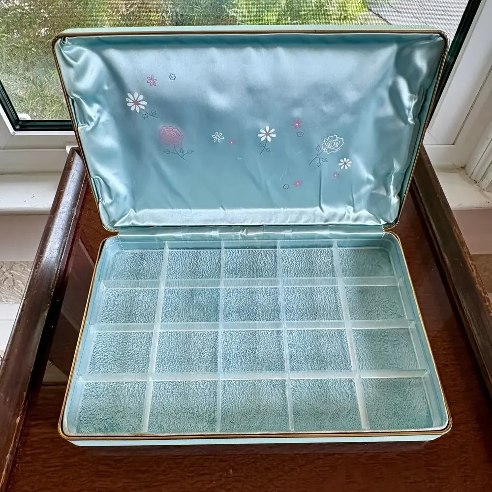 Vintage Farrington Texol Blue Floral Jewelry Box, Hard Case Organizer